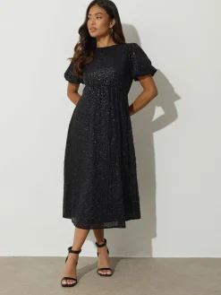 PixieGirl Petite Black Tie Back Sequin Midi Dress