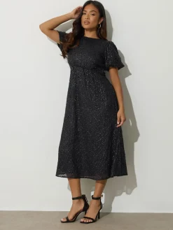 PixieGirl Petite Black Tie Back Sequin Midi Dress