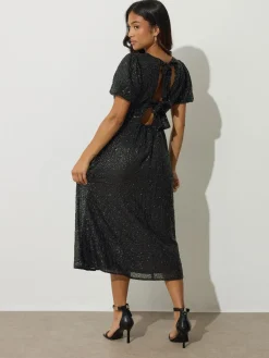 PixieGirl Petite Black Tie Back Sequin Midi Dress
