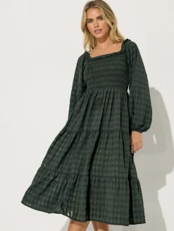 PixieGirl Petite Green Crinkle Check Long Sleeve Dress Clearance