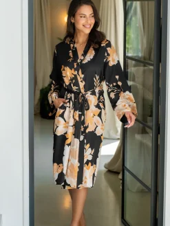 Pour Moi Black Dusk Printed Satin Midi Dressing Gown Online