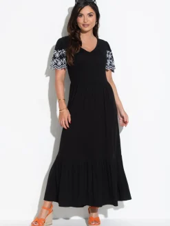 Pour Moi Black Nova Broderie Sleeve Crepe Jersey Midaxi Dress Outlet