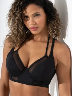 Pour Moi Black Sydney Underwired Mesh Longline Double Strap Bikini Top New