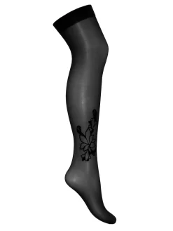 Pour Moi Black/Fuchsia Icon Floral Flock 15 Denier Stocking Discount