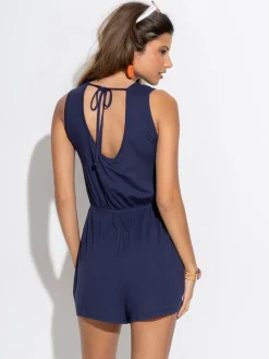 Pour Moi Blue Button Front Stretch Jersey Beach Playsuit Discount