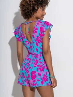 Pour Moi Frill Stretch Jersey Beach Playsuit Blue