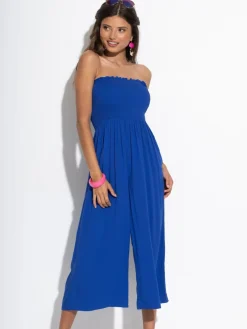 Pour Moi Blue Strapless Shirred Bodice Crop Leg Beach Jumpsuit Hot