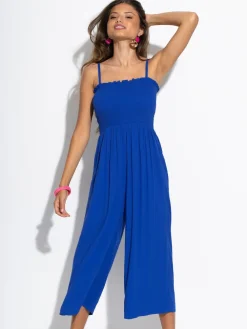 Pour Moi Blue Strapless Shirred Bodice Crop Leg Beach Jumpsuit Hot