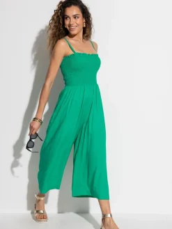 Pour Moi Green Strapless Shirred Bodice Crop Leg Beach Jumpsuit Best