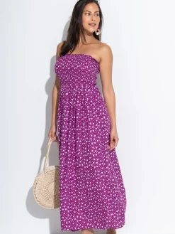Pour Moi Purple Spot Strapless Shirred Bodice Woven Maxi Beach Dress Best