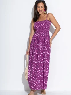 Pour Moi Purple Spot Strapless Shirred Bodice Woven Maxi Beach Dress Best