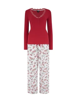 Pour Moi Red Rib Jersey Lace Trim Henley Top and Brushed Cotton Pyjamas Set New