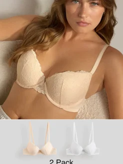 Next Praline Nude & White Push Up Plunge Lace Bras 2 Pack Praline Nude & White Clearance