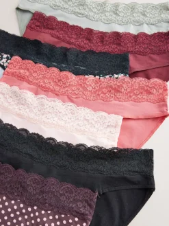 Next High Leg Cotton and Lace Knickers 7 Pack Printed Spot Sale