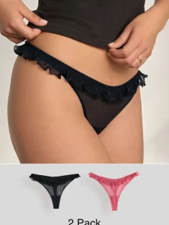 Next Red / Black Thong Heart Mesh Flocked Knickers 2 Pack Discount