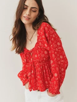 Next Long Sleeve Milkmaid Top Red Conversational Print Hot