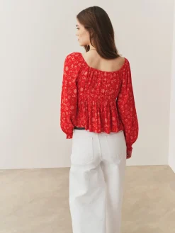 Next Long Sleeve Milkmaid Top Red Conversational Print Hot