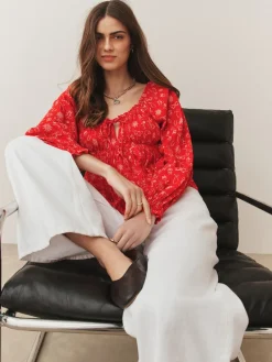 Next Long Sleeve Milkmaid Top Red Conversational Print Hot