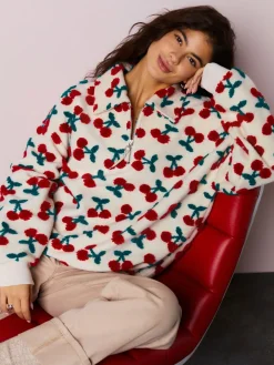 Next Red Ecru White Borg Cherry Graphic Zip Neck Fleece Clearance