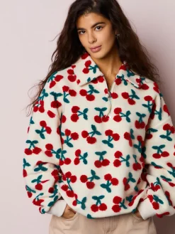 Next Red Ecru White Borg Cherry Graphic Zip Neck Fleece Clearance