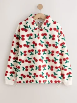 Next Red Ecru White Borg Cherry Graphic Zip Neck Fleece Clearance