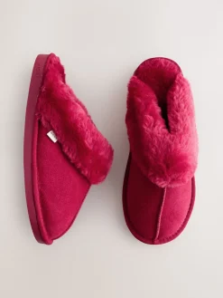 Next Red Faux Fur Lined Suede Mule Slippers Outlet
