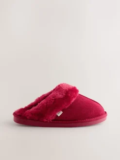 Next Red Faux Fur Lined Suede Mule Slippers Outlet