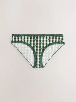 Next Red Heart/Green Check Bikini Cotton Lace Knickers 4 Pack