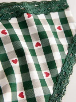 Next Red Heart/Green Check Bikini Cotton Lace Knickers 4 Pack