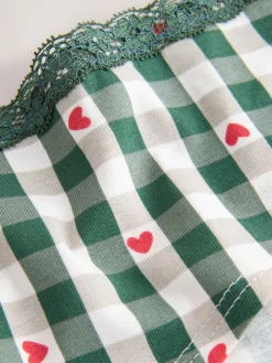 Next Red Heart/Green Check Short Cotton Lace Knickers 4 Pack