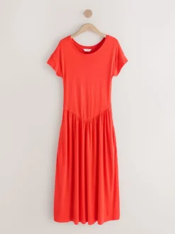 Next Jersey T-Shirt Dress With Linen Red New