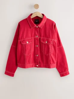 Next Oversized Relaxed Fit Denim Trucker Jacket Red Outlet