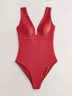 Next Red Rib Plunge Shaping Tummy Control Swimsuit Sale