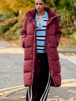 Next Shower Resistant Longline Padded Coat Red Clearance