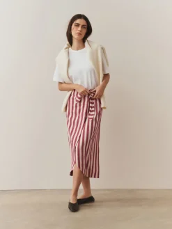 Next Red/Ecru Stripe Wrap Midi Skirt with Linen Sale