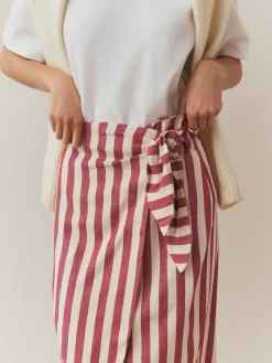 Next Red/Ecru Stripe Wrap Midi Skirt with Linen Sale