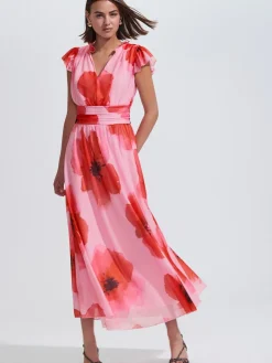 Next Pleated Mesh Print V-Neck Occasion Maxi Dress Red/Pink Floral Clearance
