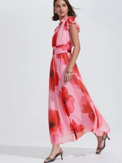 Next Pleated Mesh Print V-Neck Occasion Maxi Dress Red/Pink Floral Clearance