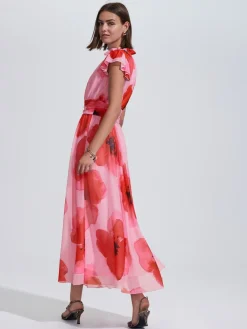 Next Pleated Mesh Print V-Neck Occasion Maxi Dress Red/Pink Floral Clearance
