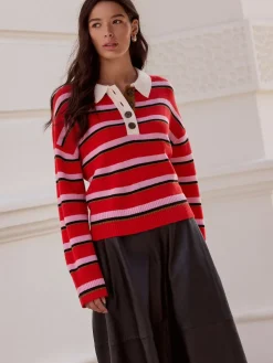 Next 100% Wool N.Premium Polo Jumper Red/Pink Stripe Outlet