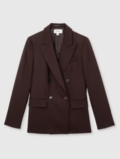 Reiss Solene Wool-Blend Double-Breasted Suit Blazer Aubergine Discount