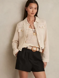 Reiss Beau Linen Pleat-Front Belted Shorts Black Outlet