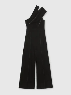 Reiss Black Daria Petite Velvet One-Shoulder Wide-Leg Jumpsuit Sale