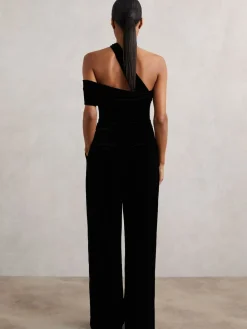 Reiss Black Daria Petite Velvet One-Shoulder Wide-Leg Jumpsuit Sale