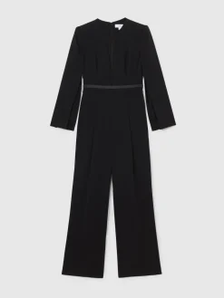 Reiss Black Evora Petite Plunge-Neck Split-Sleeve Jumpsuit Clearance