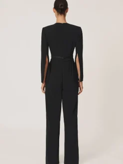 Reiss Black Evora Petite Plunge-Neck Split-Sleeve Jumpsuit Clearance