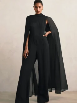 Reiss Farley Wide-Leg Cape Jumpsuit Black Hot