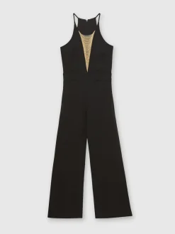 Reiss Black Kamila Chain-Detail Flared-Leg Jumpsuit New