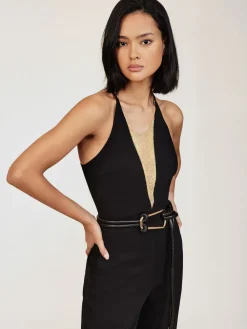 Reiss Black Kamila Chain-Detail Flared-Leg Jumpsuit New