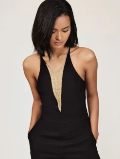 Reiss Black Kamila Chain-Detail Flared-Leg Jumpsuit New